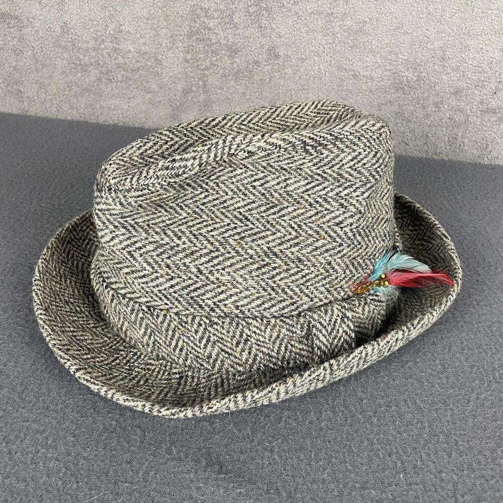 Vintage Dobbs Fifth Avenue Hat Fitted Mens 7 1/4 Gray Herringbone Tweed Wool 80s
